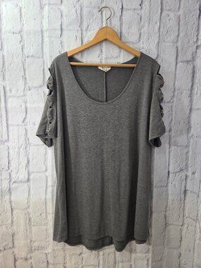 Corvia Women's Plus 3X Gray Scoop Neck Bow Bead Half Sleeve Casual Summer Top